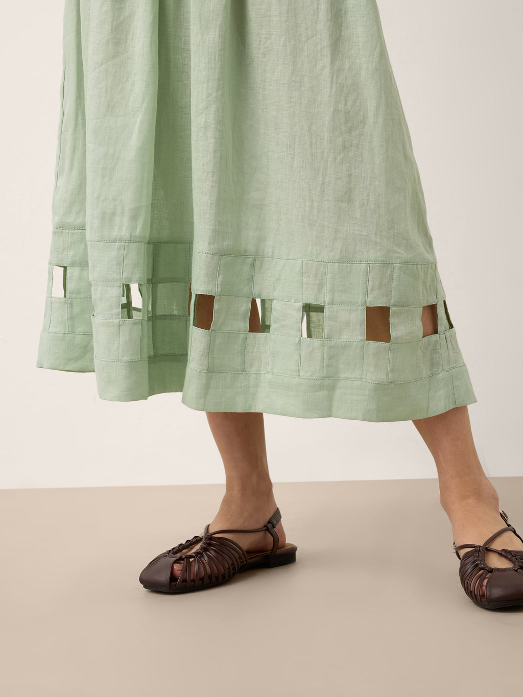 100% Linen Layered Handwoven Lattice Hem Elastic Waist Midi Skirt ALINAH