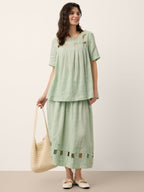100% Linen Layered Handwoven Lattice Hem Elastic Waist Midi Skirt ALINAH
