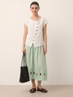100% Linen Layered Handwoven Lattice Hem Elastic Waist Midi Skirt ALINAH