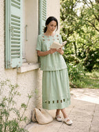 100% Linen Layered Handwoven Lattice Hem Elastic Waist Midi Skirt ALINAH