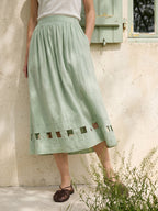 100% Linen Layered Handwoven Lattice Hem Elastic Waist Midi Skirt ALINAH