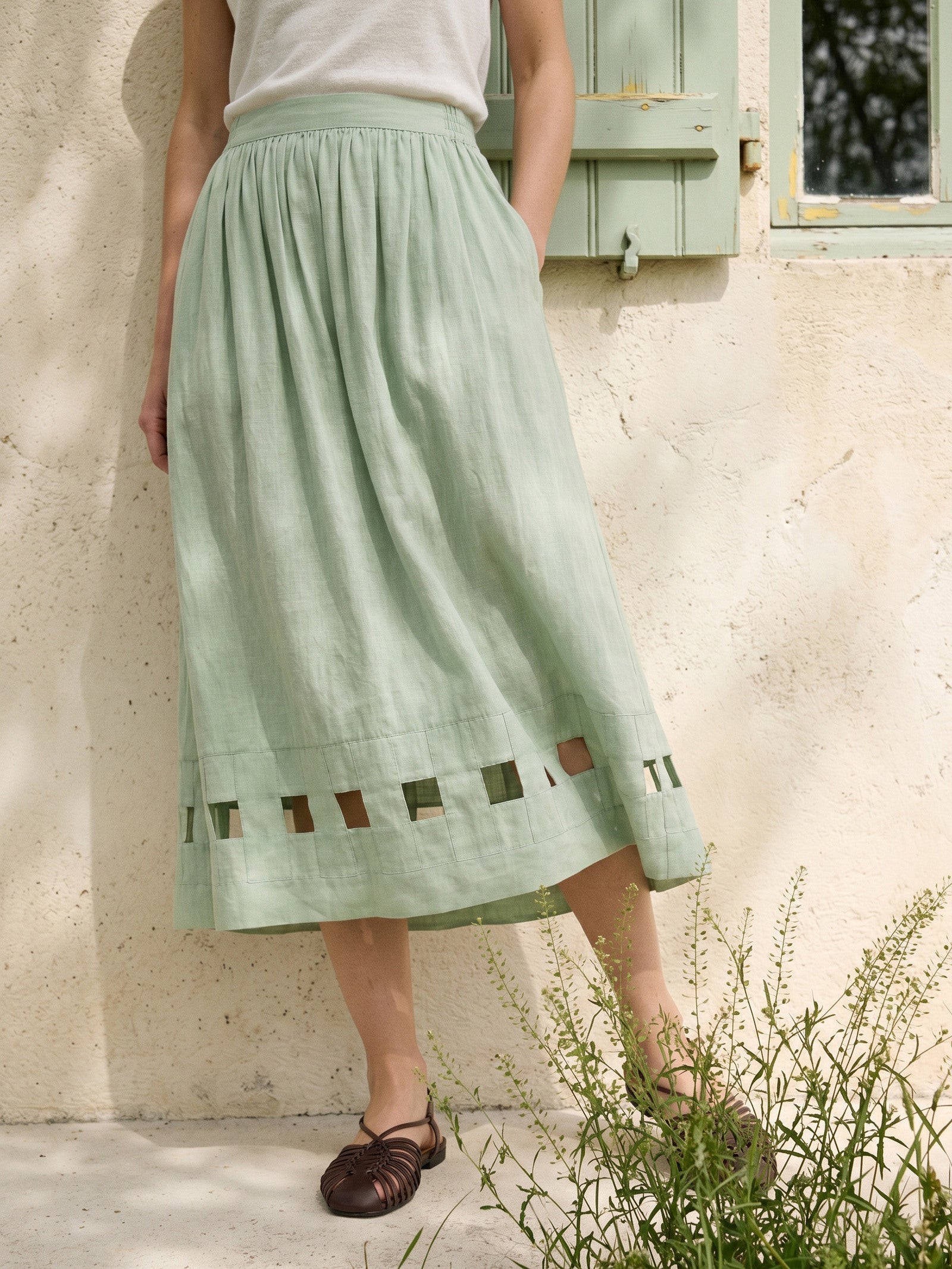 100% Linen Layered Handwoven Lattice Hem Elastic Waist Midi Skirt ALINAH