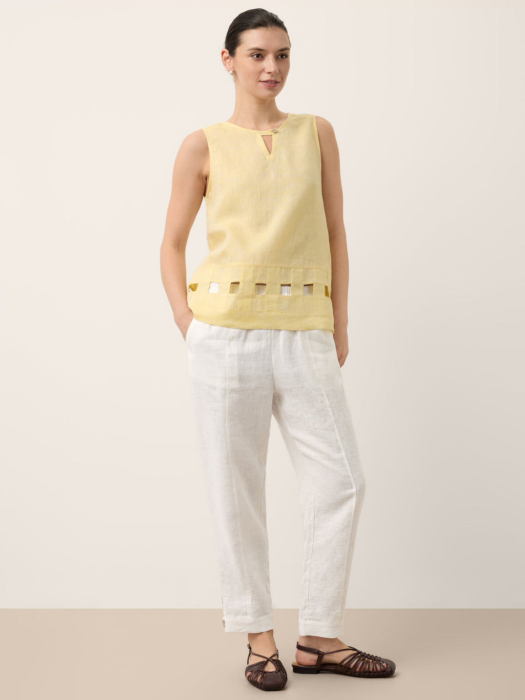 100% Linen Lattice Hem Tank Top ELORA