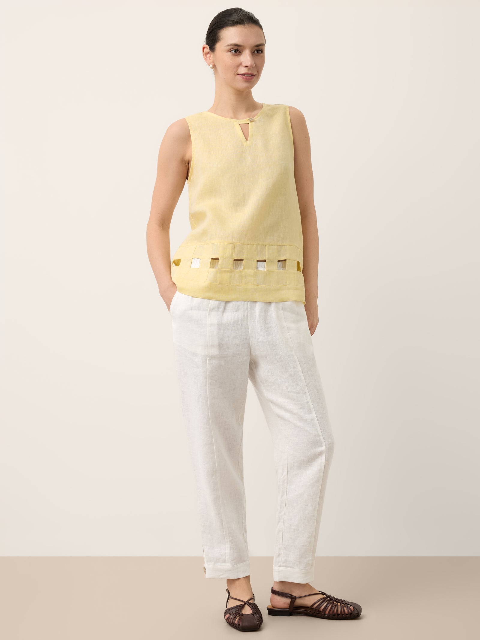 100% Linen Lattice Hem Tank Top ELORA