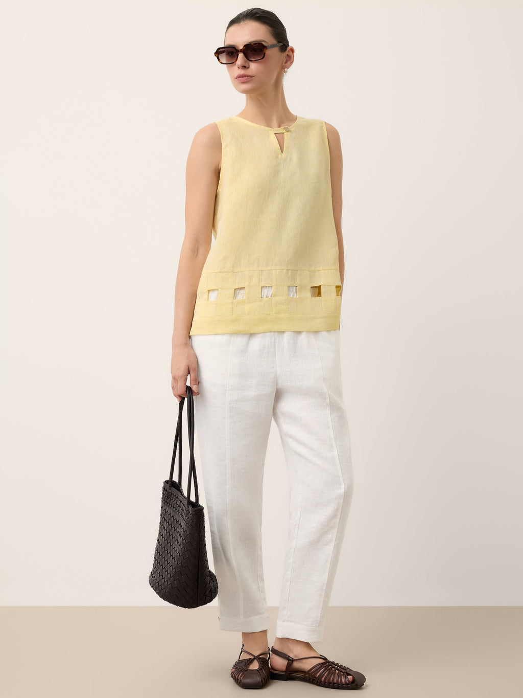 100% Linen Lattice Hem Tank Top ELORA