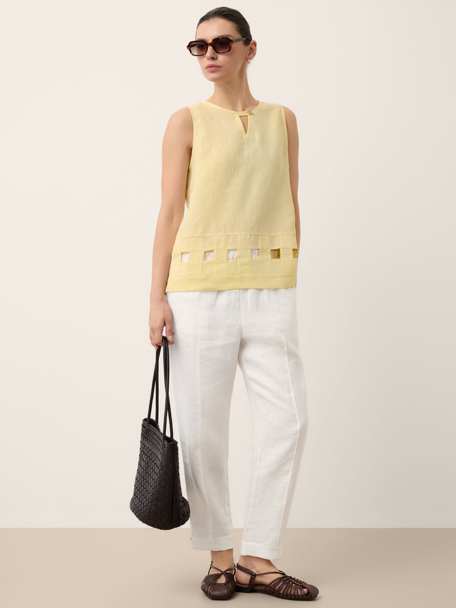 100% Linen Lattice Hem Tank Top ELORA