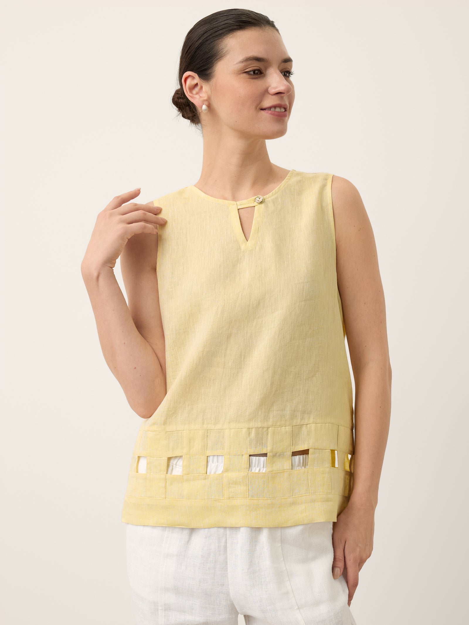 100% Linen Lattice Hem Tank Top ELORA