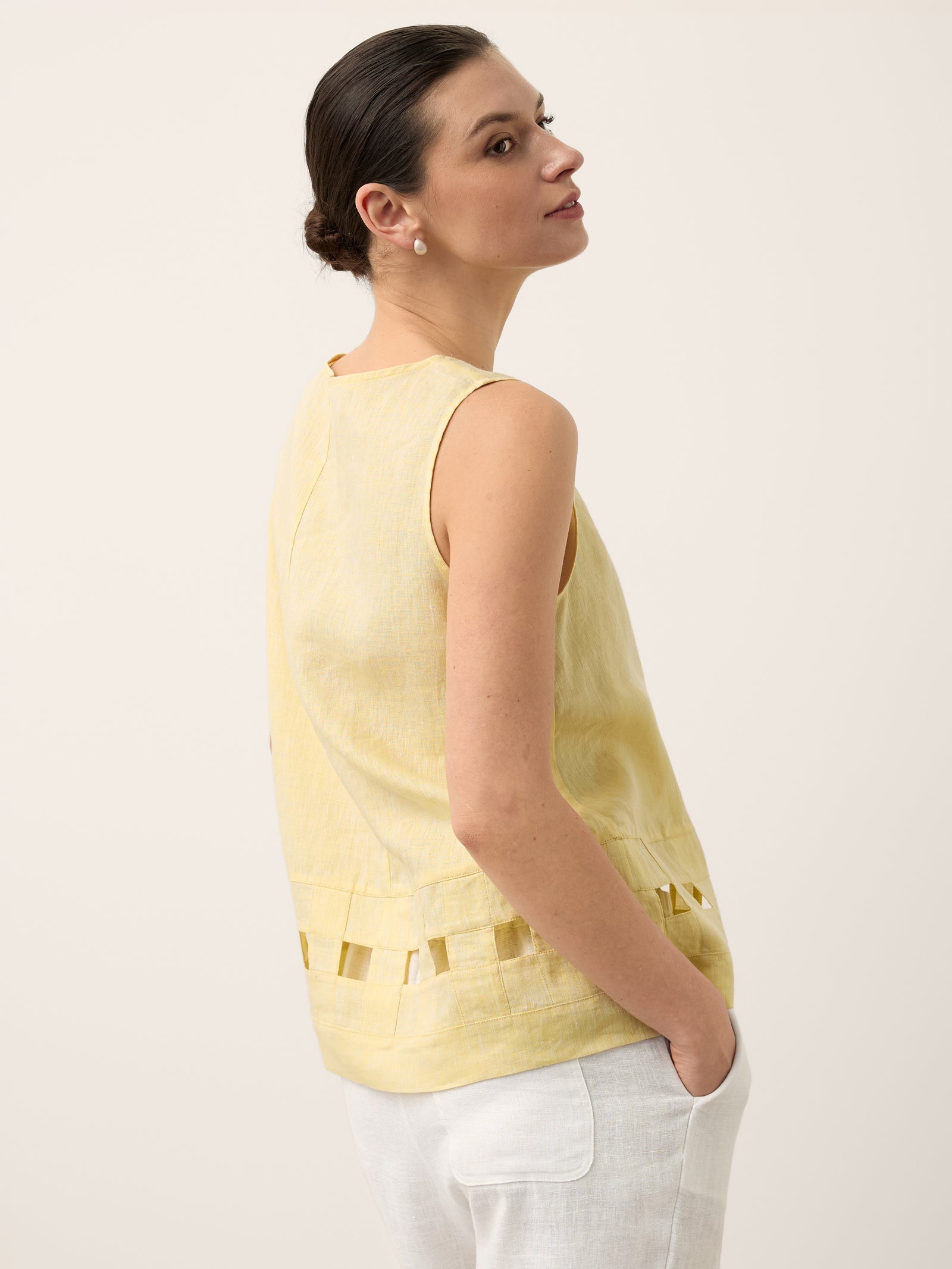 100% Linen Lattice Hem Tank Top ELORA