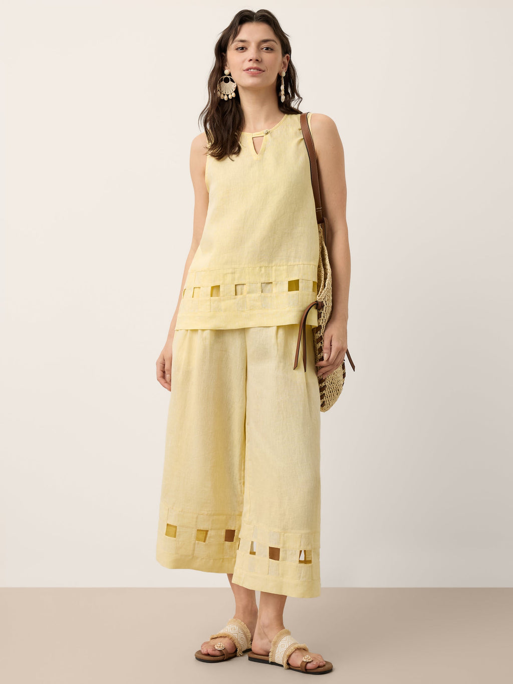 100% Linen Lattice Hem Tank Top ELORA