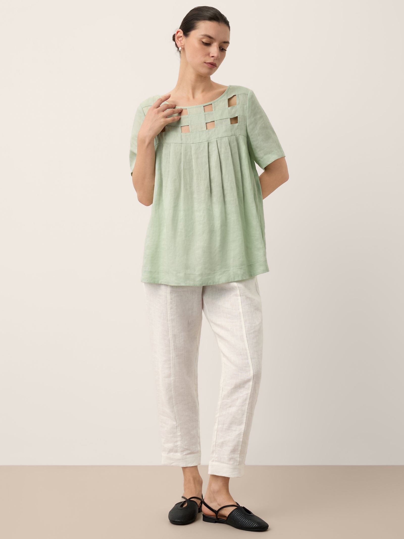 100% Linen Layered Handwoven Lattice Pleated Top AMALIA