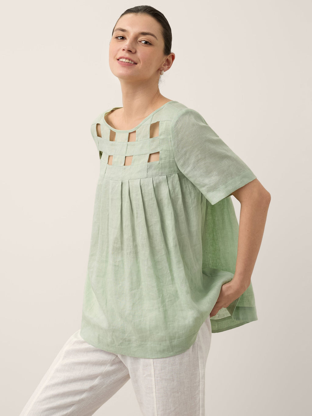 100% Linen Layered Handwoven Lattice Pleated Top AMALIA