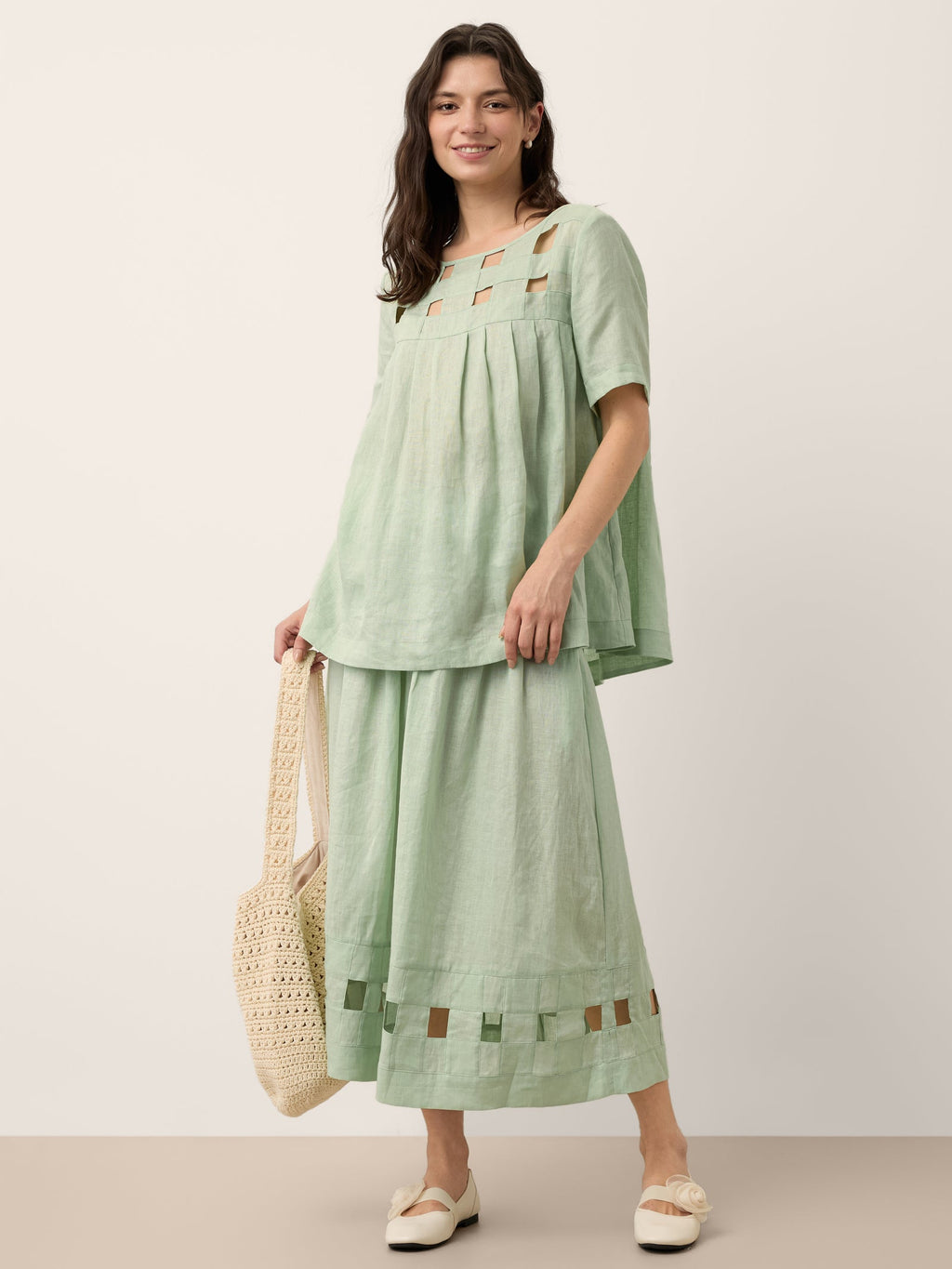 100% Linen Layered Handwoven Lattice Pleated Top AMALIA