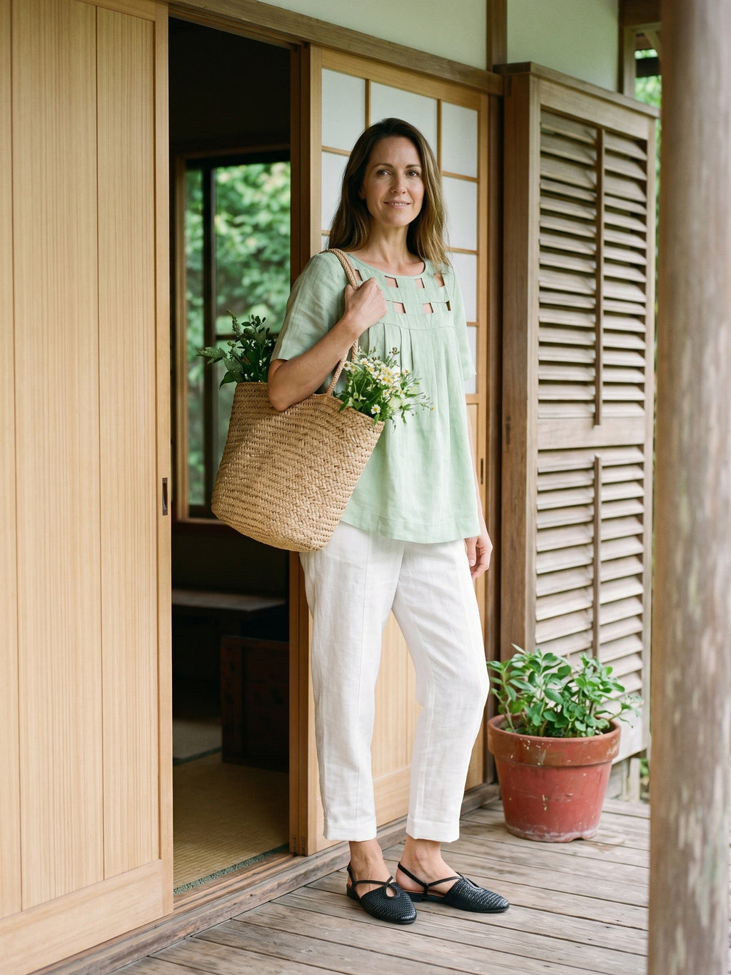 100% Linen Layered Handwoven Lattice Pleated Top AMALIA