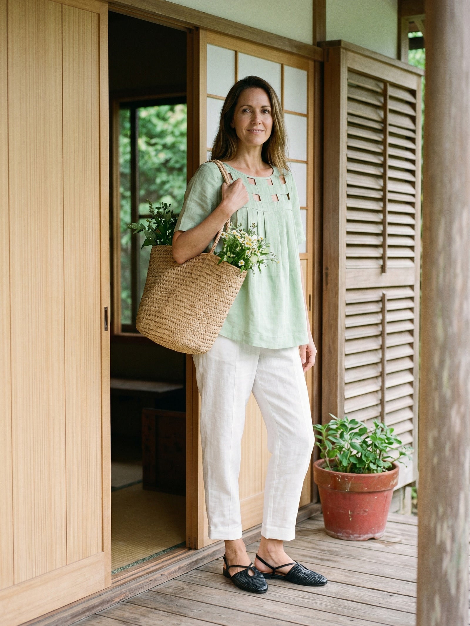 100% Linen Layered Handwoven Lattice Pleated Top AMALIA