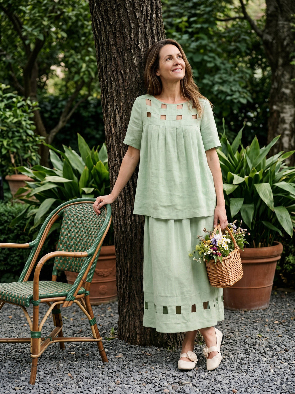 100% Linen Layered Handwoven Lattice Pleated Top AMALIA