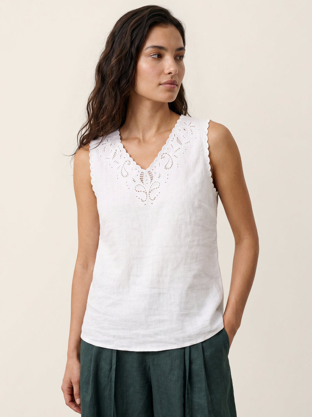 100% Linen Paisley Cutwork V Neck Tank WAVERLY