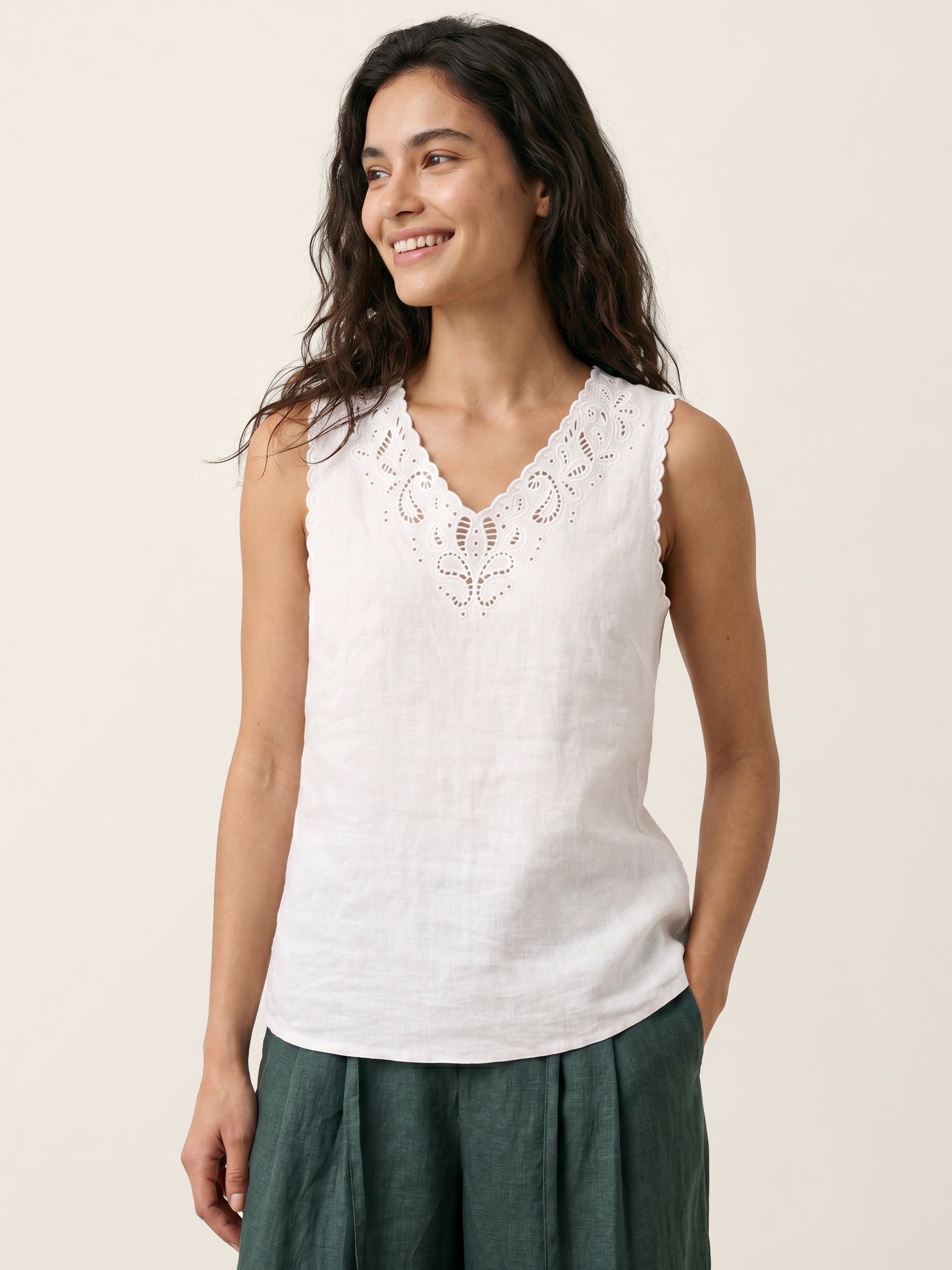 100% Linen Paisley Cutwork V Neck Tank WAVERLY