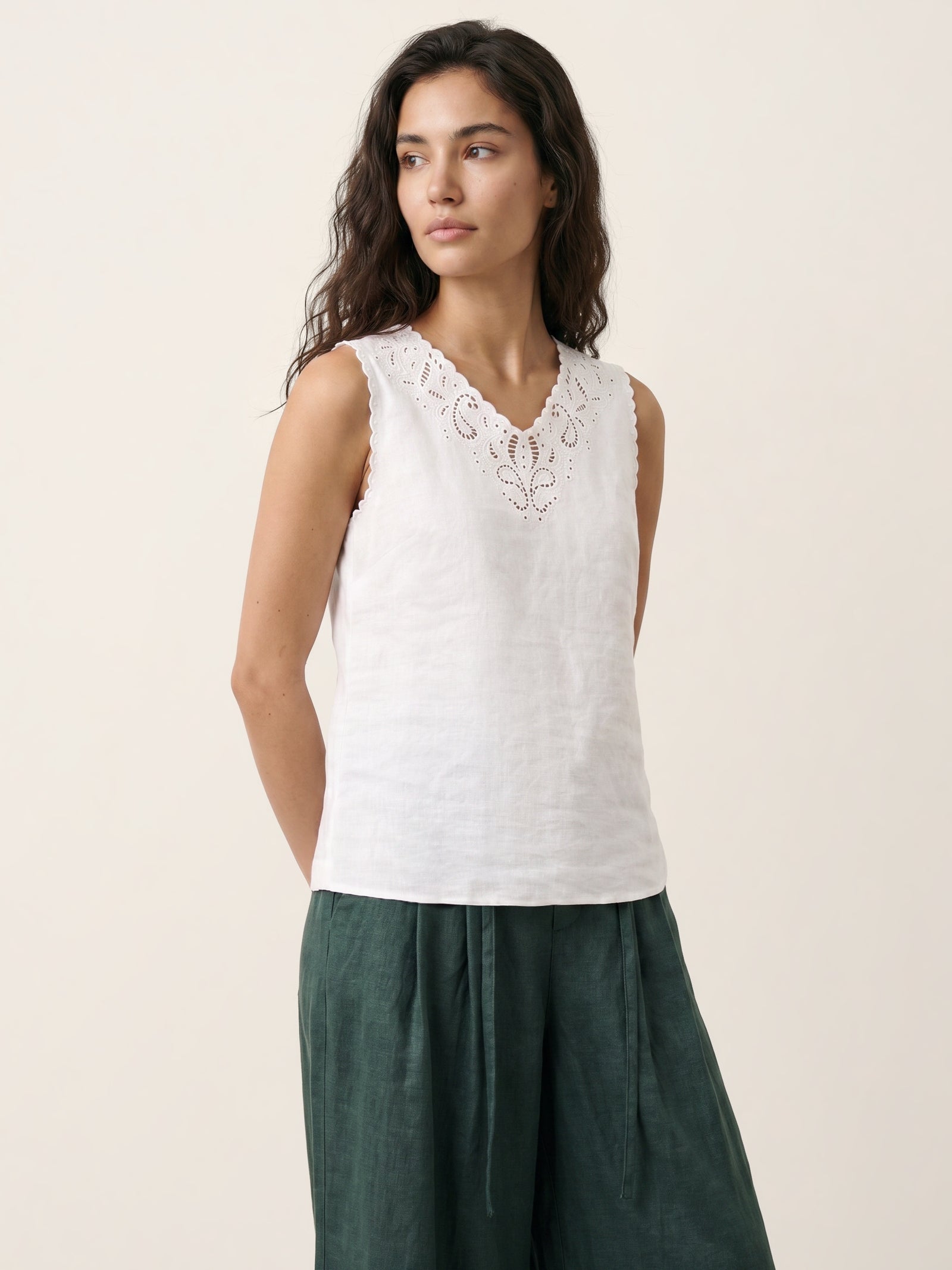 100% Linen Paisley Cutwork V Neck Tank WAVERLY