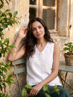 100% Linen Paisley Cutwork V Neck Tank WAVERLY
