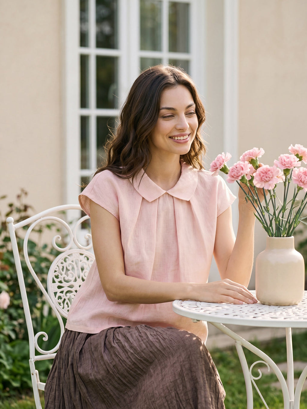 100% Linen Peter-Pan Collar Pintuck Top MIRIAM