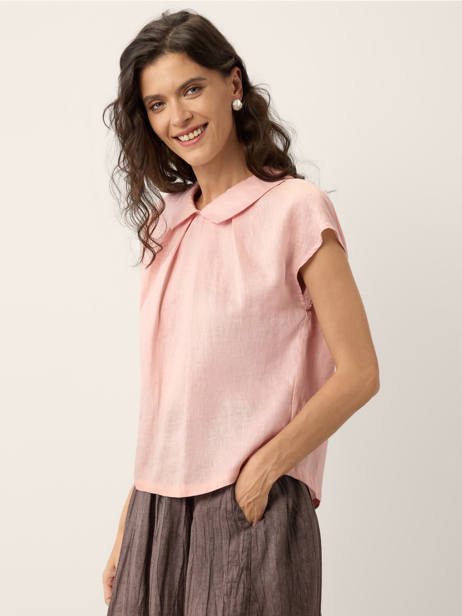 100% Linen Peter-Pan Collar Pintuck Top MIRIAM