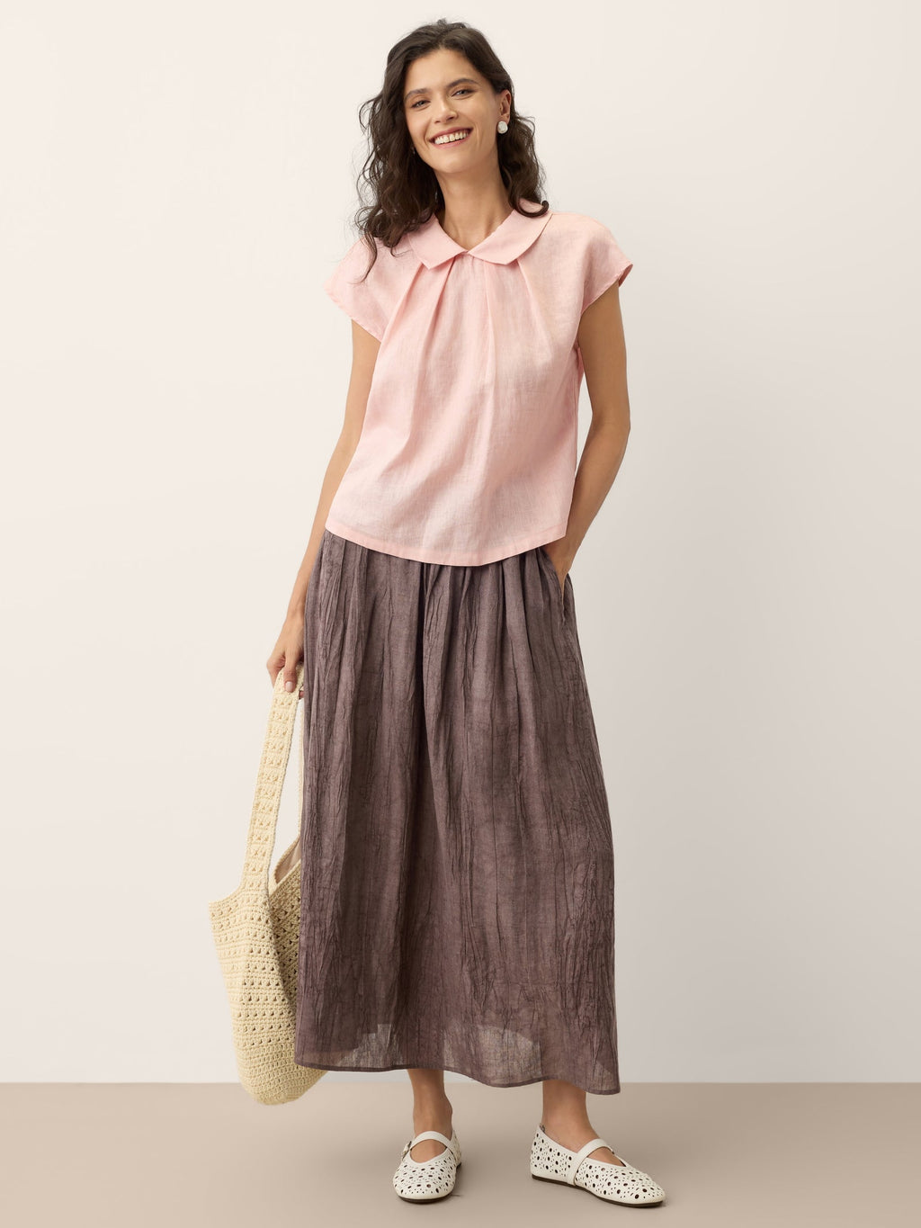 100% Linen Peter-Pan Collar Pintuck Top MIRIAM
