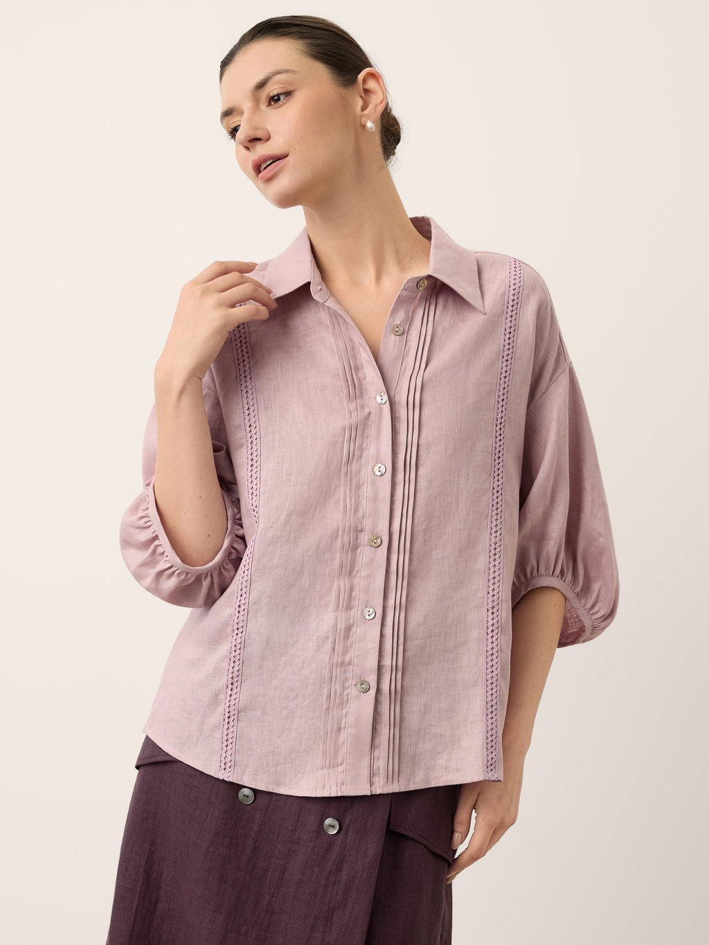 100% Linen Pintuck Lace Inset Shirt MALINA