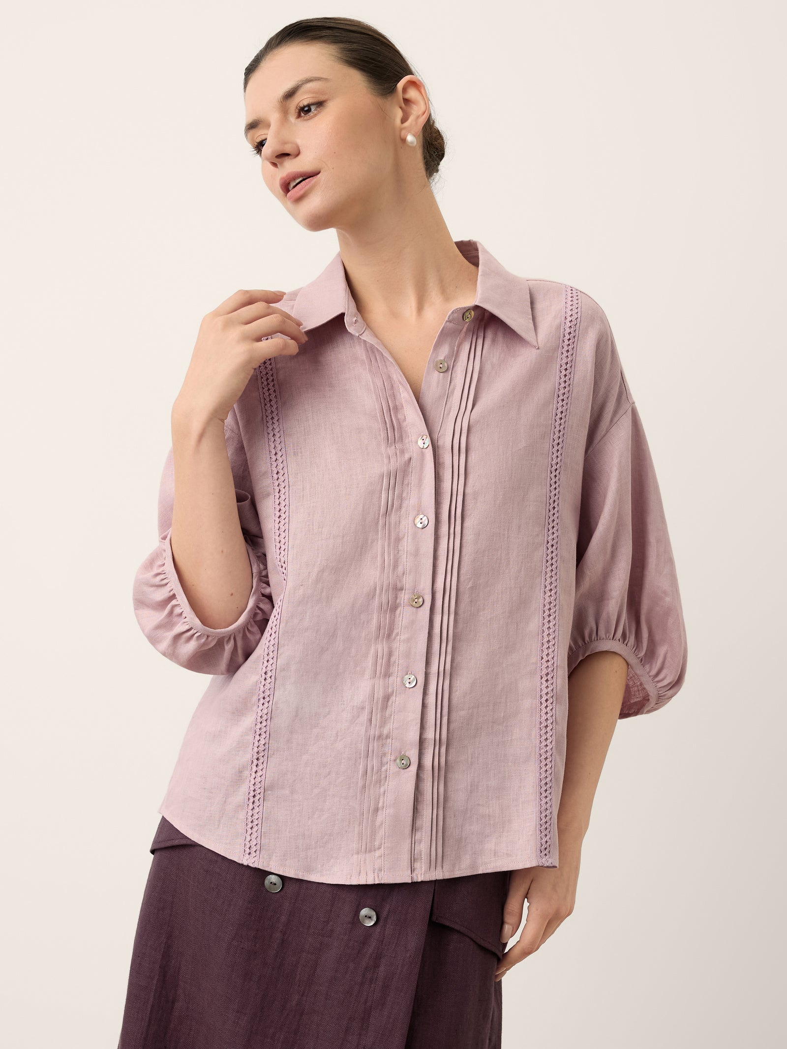 100% Linen Pintuck Lace Inset Shirt MALINA