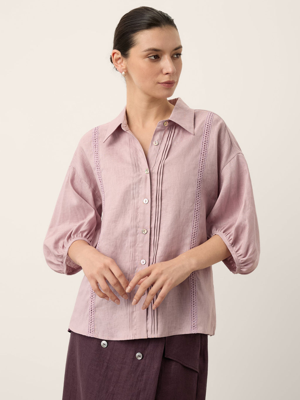 100% Linen Pintuck Lace Inset Shirt MALINA