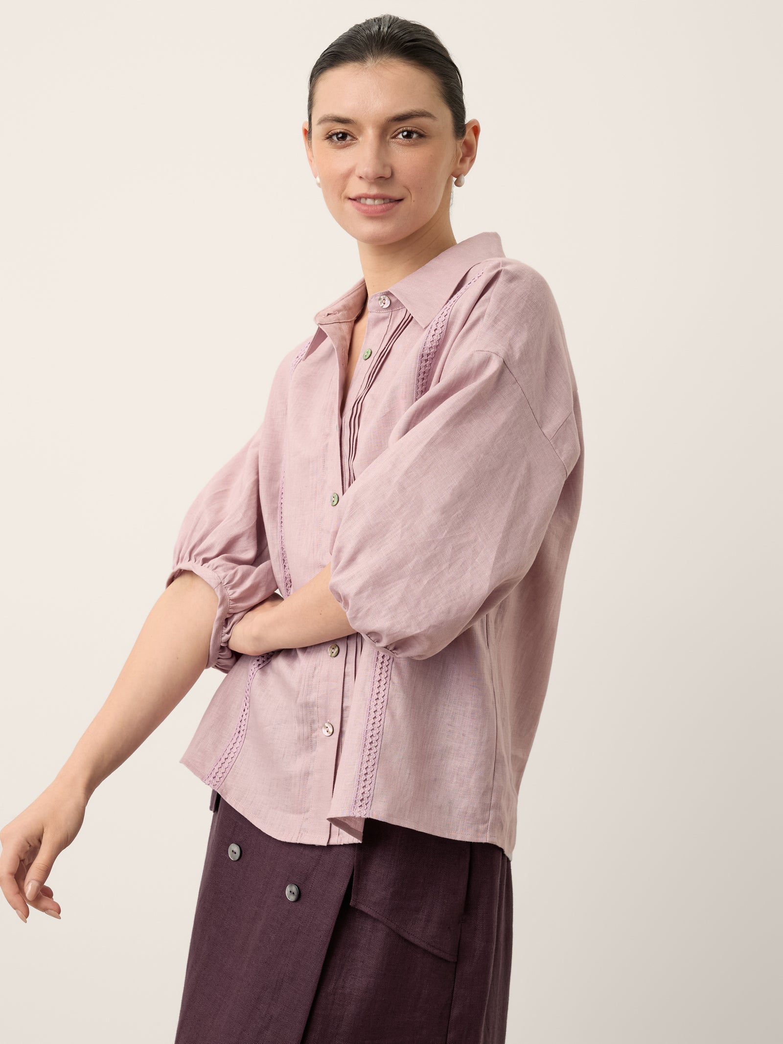 100% Linen Pintuck Lace Inset Shirt MALINA