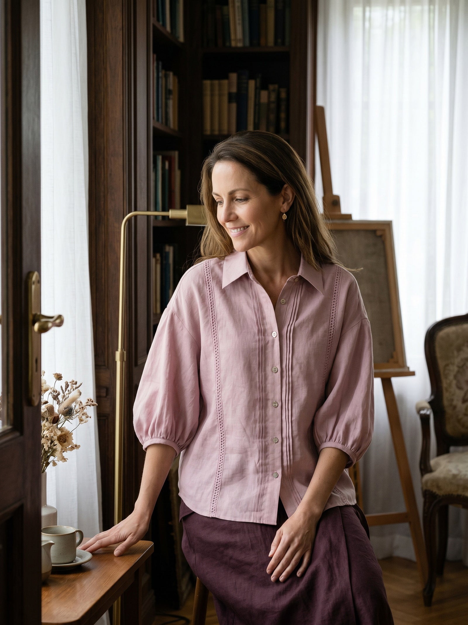 100% Linen Pintuck Lace Inset Shirt MALINA
