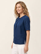 Linen Pintuck Lace Trim Back Button Top SELMA