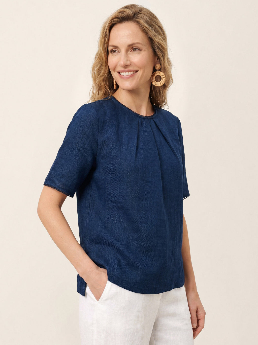 Linen Pintuck Lace Trim Back Button Top SELMA