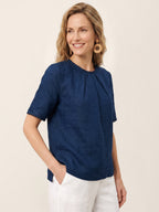 Linen Pintuck Lace Trim Back Button Top SELMA