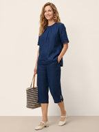 Linen Pintuck Lace Trim Back Button Top SELMA
