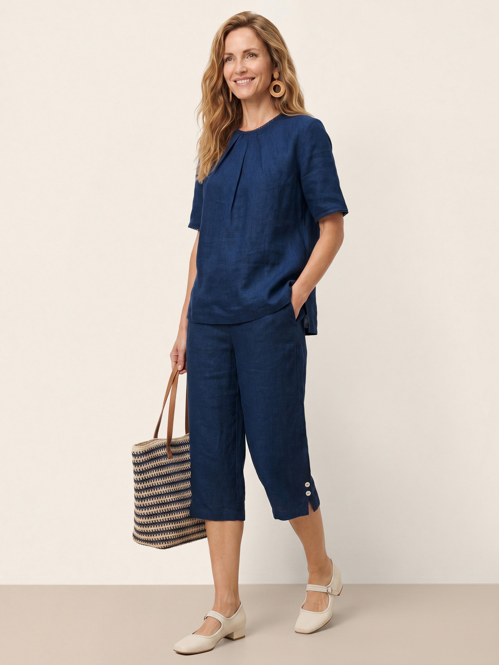 Linen Pintuck Lace Trim Back Button Top SELMA