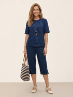 Linen Pintuck Lace Trim Back Button Top SELMA