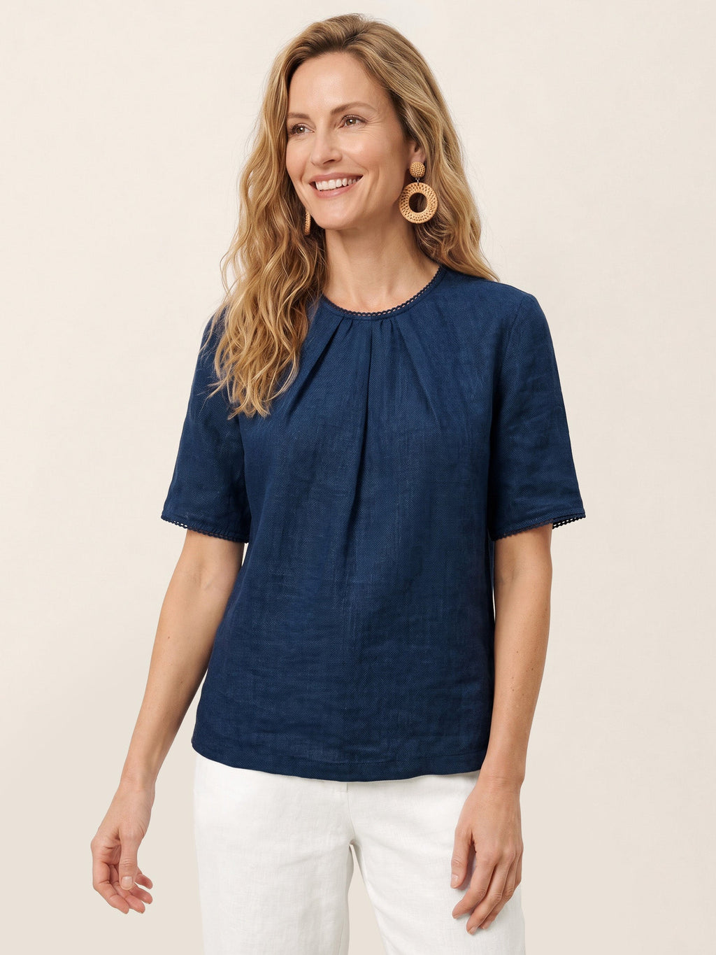 Linen Pintuck Lace Trim Back Button Top SELMA