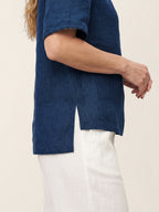 Linen Pintuck Lace Trim Back Button Top SELMA