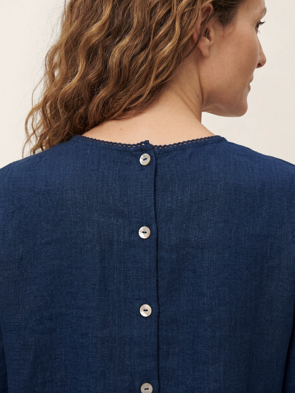 Linen Pintuck Lace Trim Back Button Top SELMA