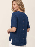 Linen Pintuck Lace Trim Back Button Top SELMA