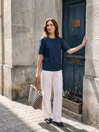 Linen Pintuck Lace Trim Back Button Top SELMA
