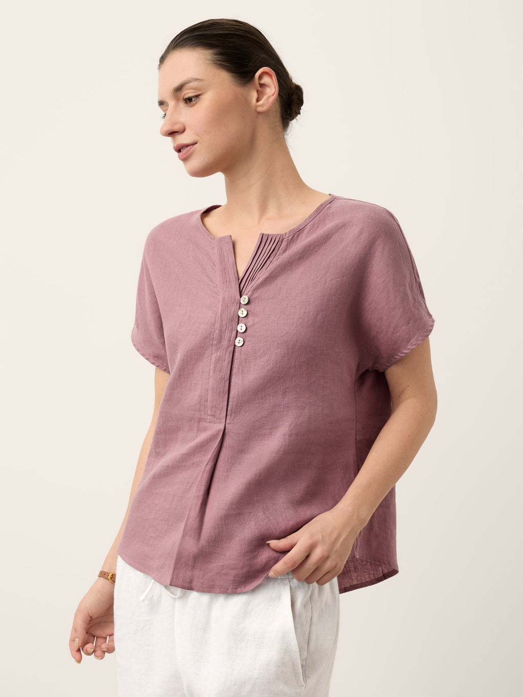 100% Linen Pintuck Shell Button Top ISOBEL