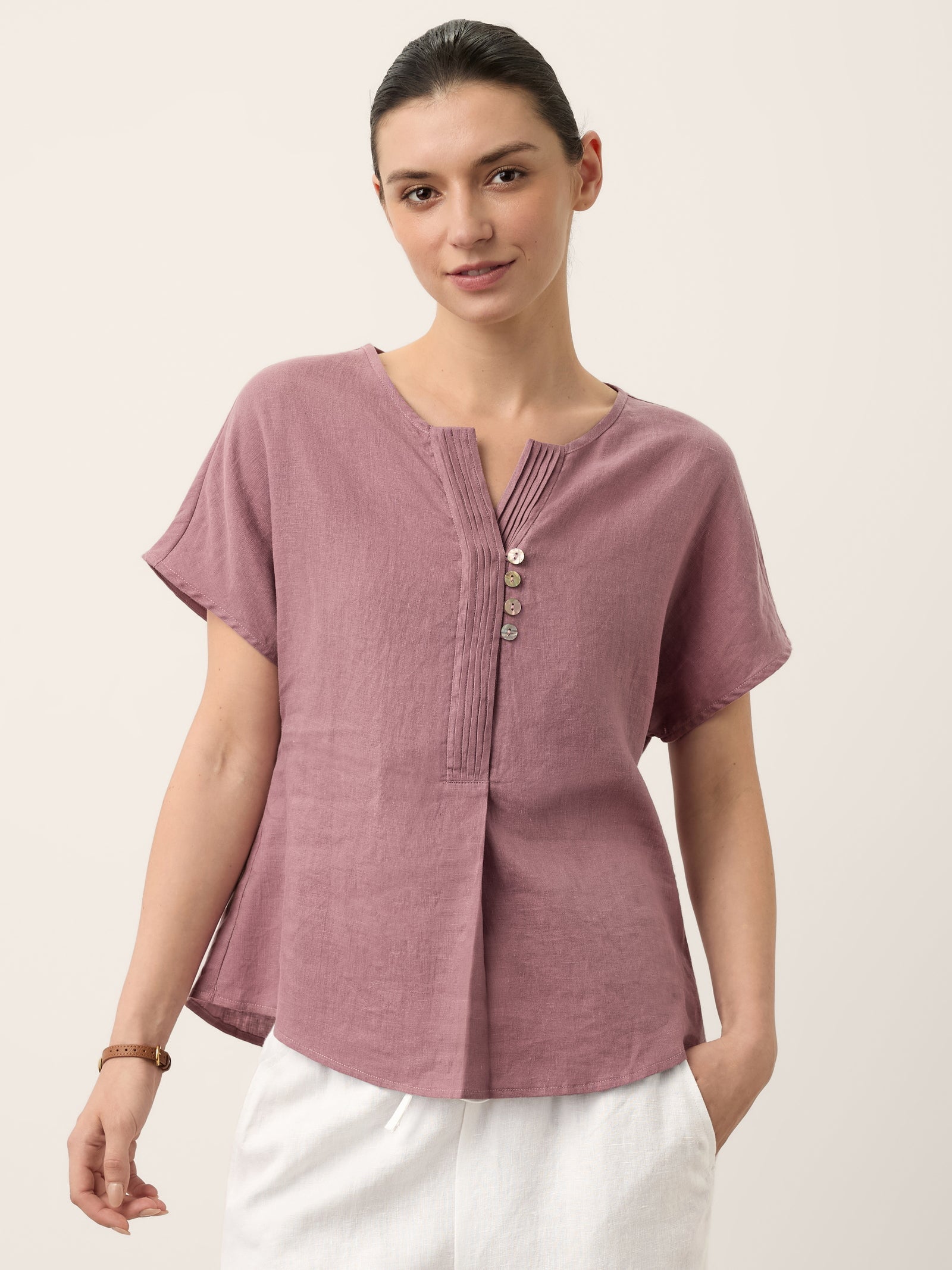 100% Linen Pintuck Shell Button Top ISOBEL