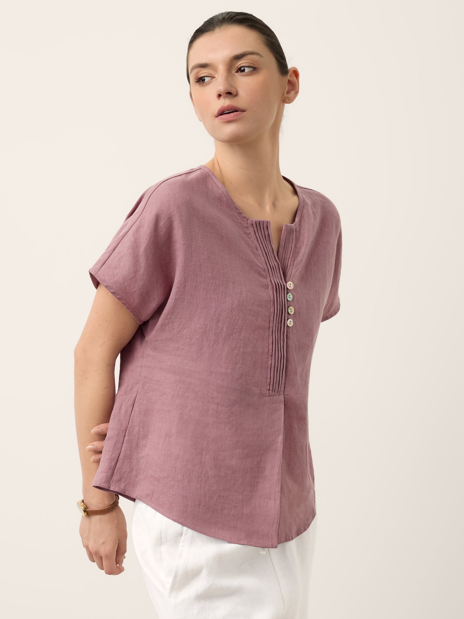 100% Linen Pintuck Shell Button Top ISOBEL
