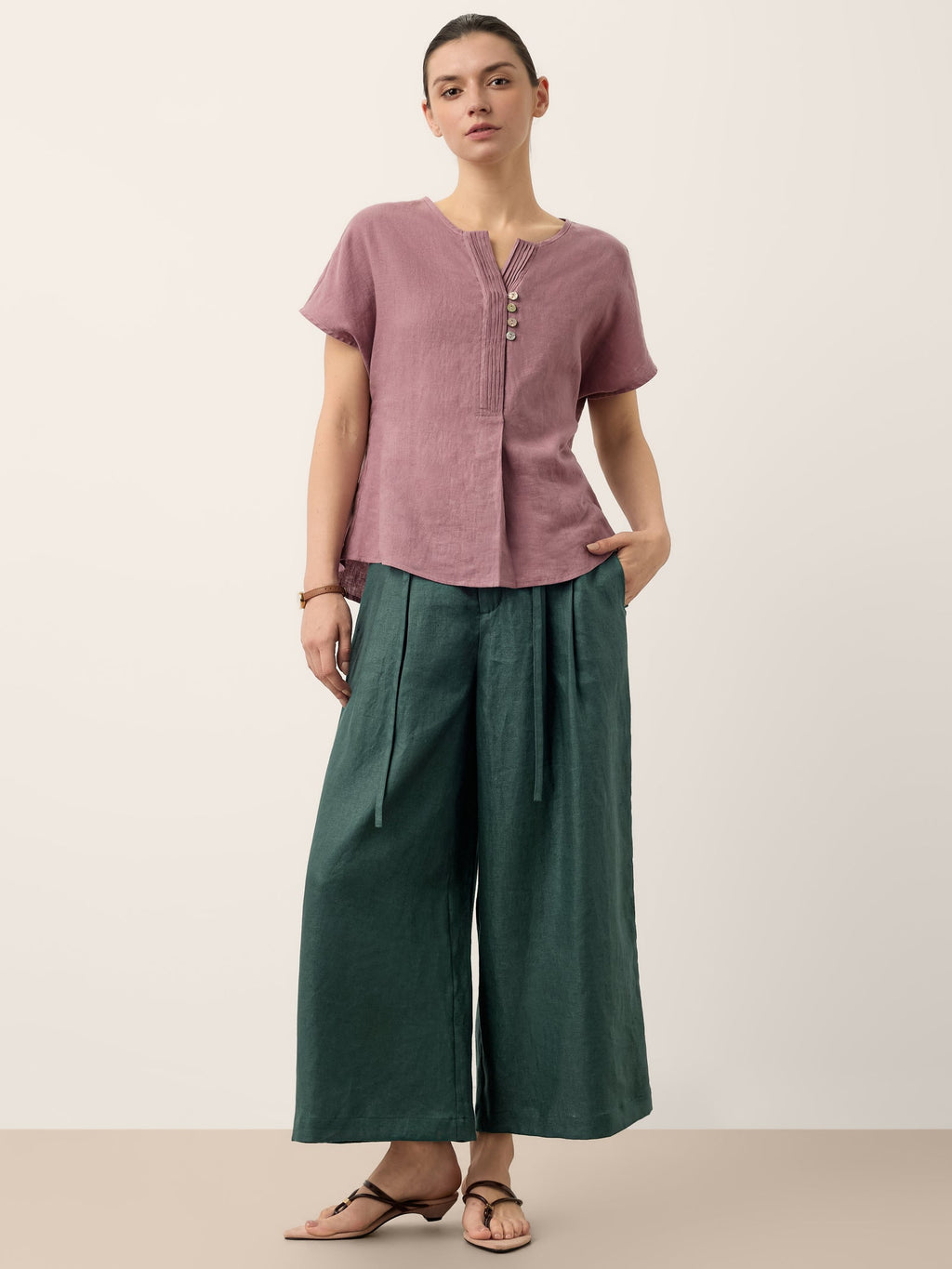 100% Linen Pintuck Shell Button Top ISOBEL