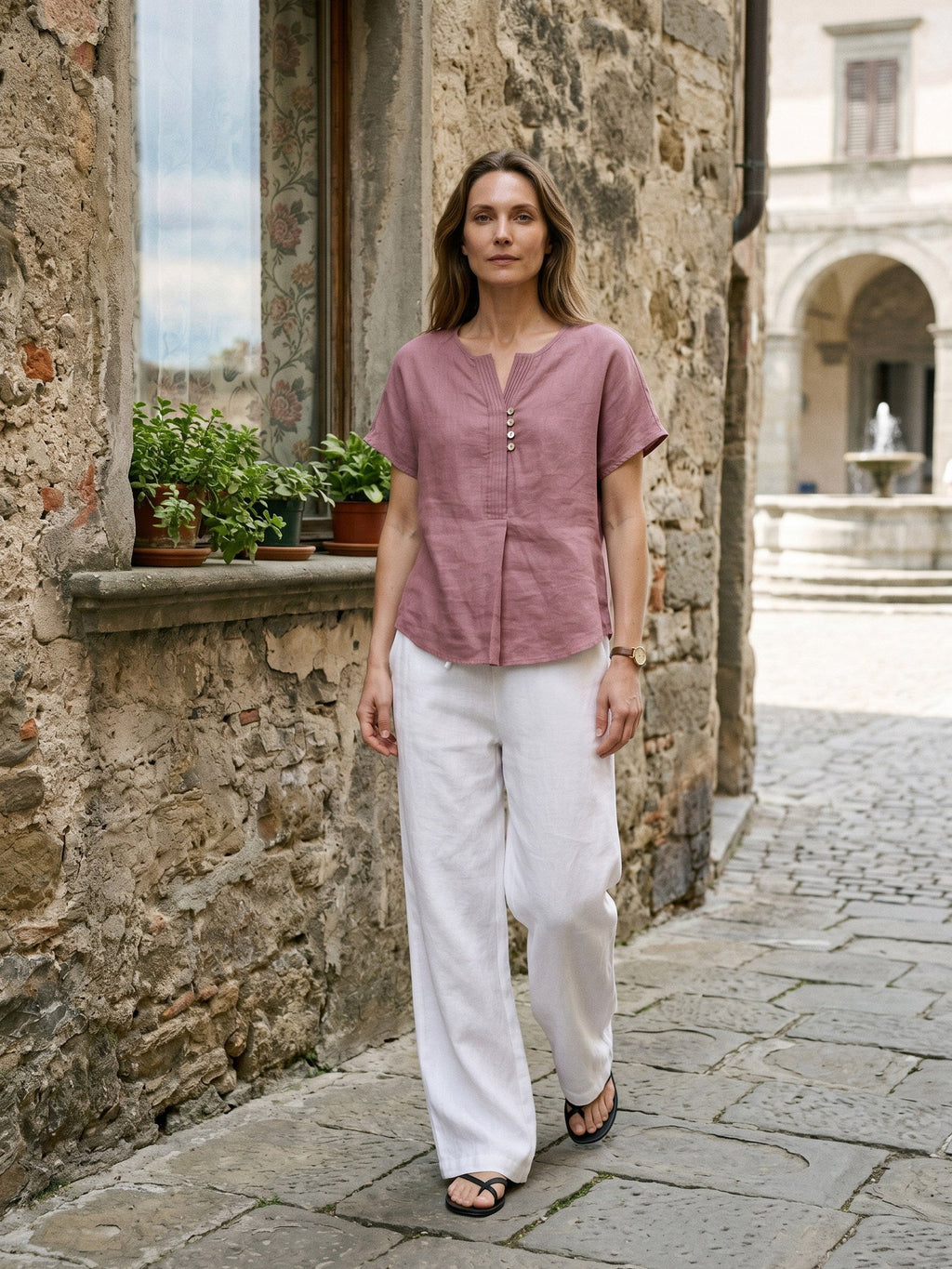 100% Linen Pintuck Shell Button Top ISOBEL