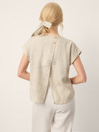 100% Linen Plaid Detachable Tie-Belt Split-Neck Top LEXIE