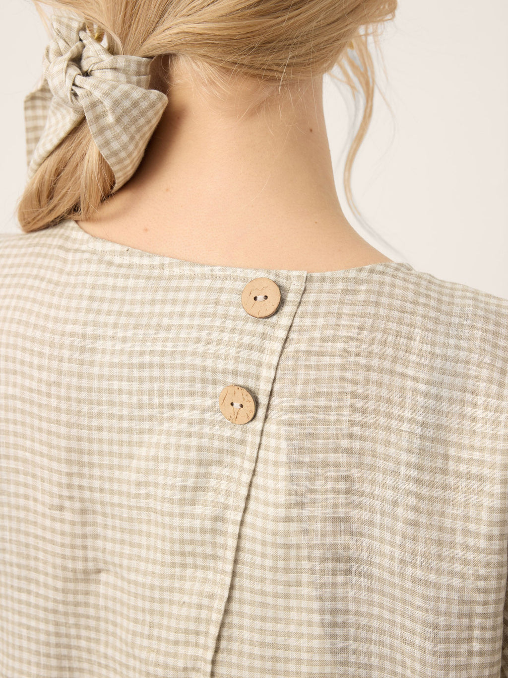 100% Linen Plaid Detachable Tie-Belt Split-Neck Top LEXIE