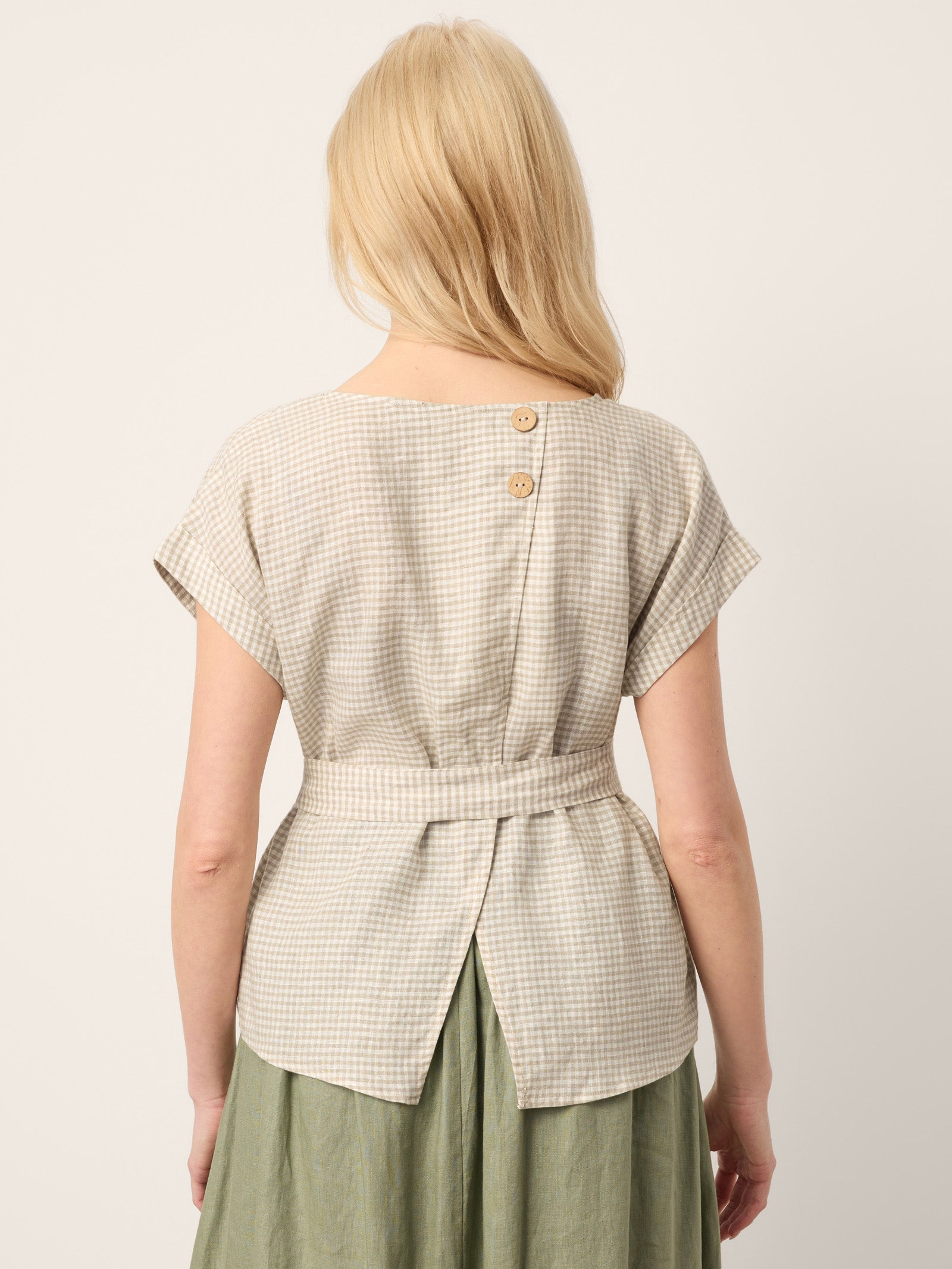 100% Linen Plaid Detachable Tie-Belt Split-Neck Top LEXIE